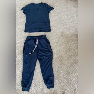 FIGS women’s top (small) and jogger bottom (medium/petite), color: dark harbor